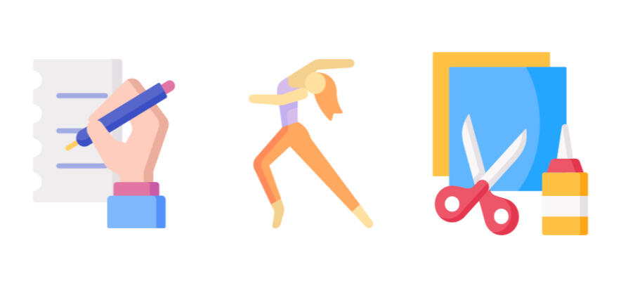 Writing, Movement and Creative Arts Modality The three modalities graphics - Left to Right: First graphic is a hand writing on paper with a pen; Second graphic is a long-haired person posing like they are dancing with arms and legs stretched and bent slightly backward; Third graphic shows blue and ye